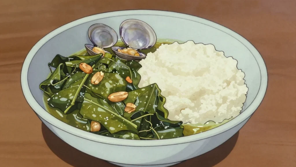 Matata, clams stewed with young greens and ground peanuts, spooned over xima, Mozambique soup & stew, anime style