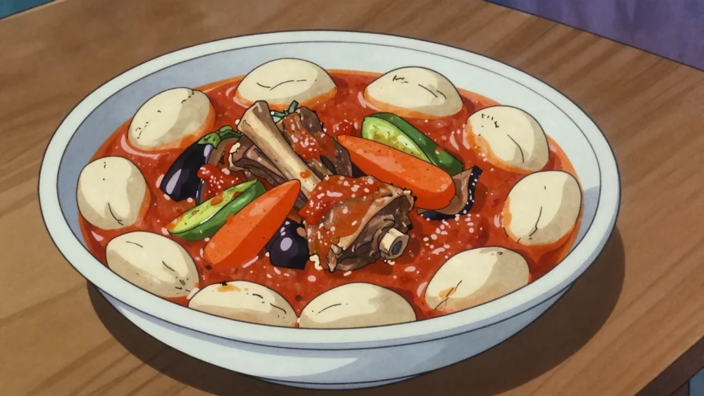 Mataziz, discs of dough simmered in meat and vegetable stew until soft, Saudi Arabia main, anime style