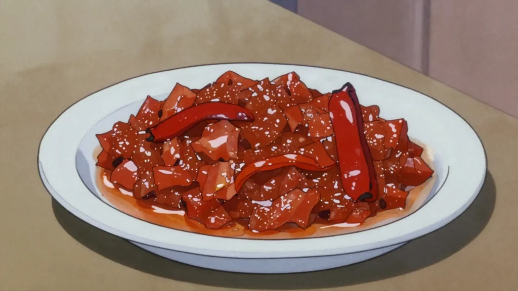Matbucha, cooked Moroccan tomato-pepper relish opening every mezze spread, Israel salad & side, anime style