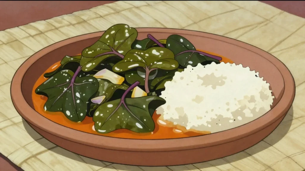 Matembele, sweet potato leaves stewed with onion and palm oil, DR Congo salad & side, anime style