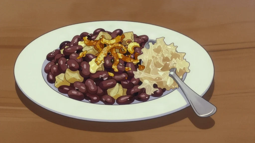 Matevž, mashed beans and potatoes topped with fried onion, Slovenia salad & side, anime style