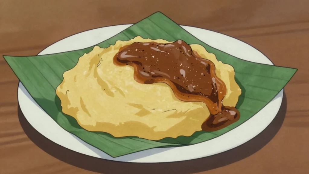Matooke, green bananas steamed in leaves and mashed, served with groundnut sauce, Uganda main, anime style