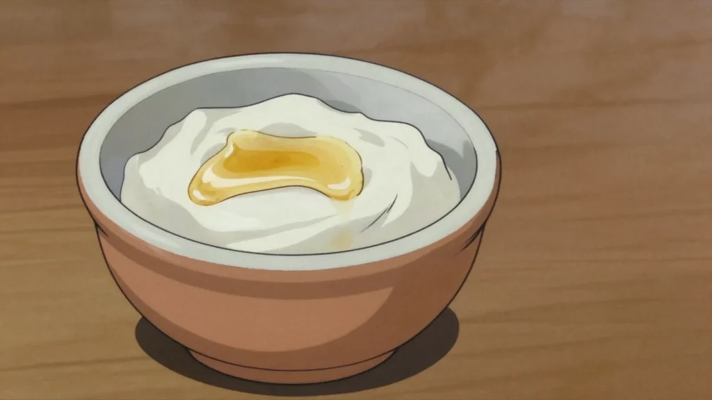 Matsoni, tart set yoghurt eaten plain, with honey, or thinned into a drink, Georgia cheese & dairy, anime style
