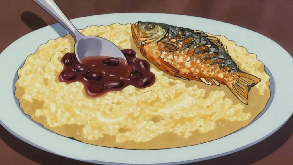 Mayi moulen, cornmeal porridge served with bean sauce and fish, Haiti main, anime style