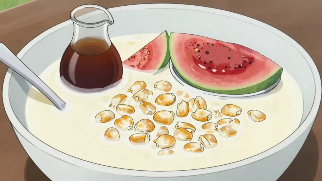 Mazamorra, cracked maize simmered in milk, sweetened with panela and eaten with bocadillo, Colombia dessert, anime style