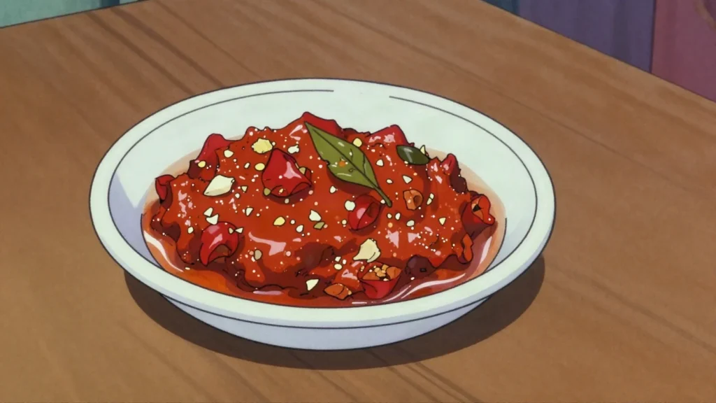 Mazavaroo, blistering paste of crushed bird's eye chili, garlic and ginger in oil, Mauritius sauce & condiment, anime style