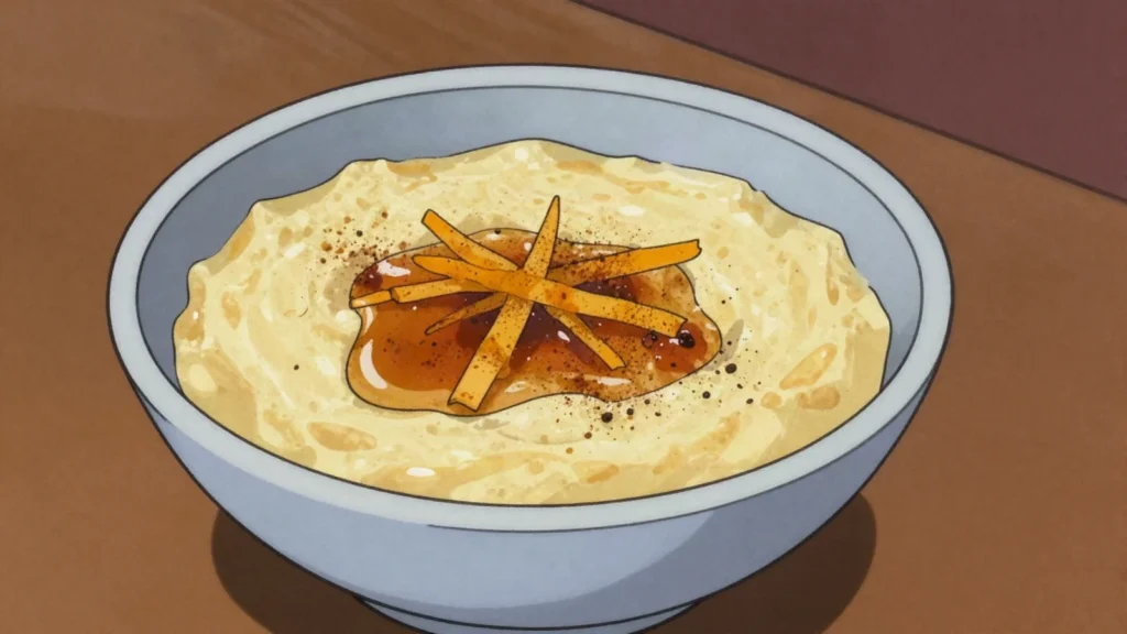 Mbaipy he'ẽ, warm cornmeal pudding cooked with milk and sugarcane honey, Paraguay dessert, anime style