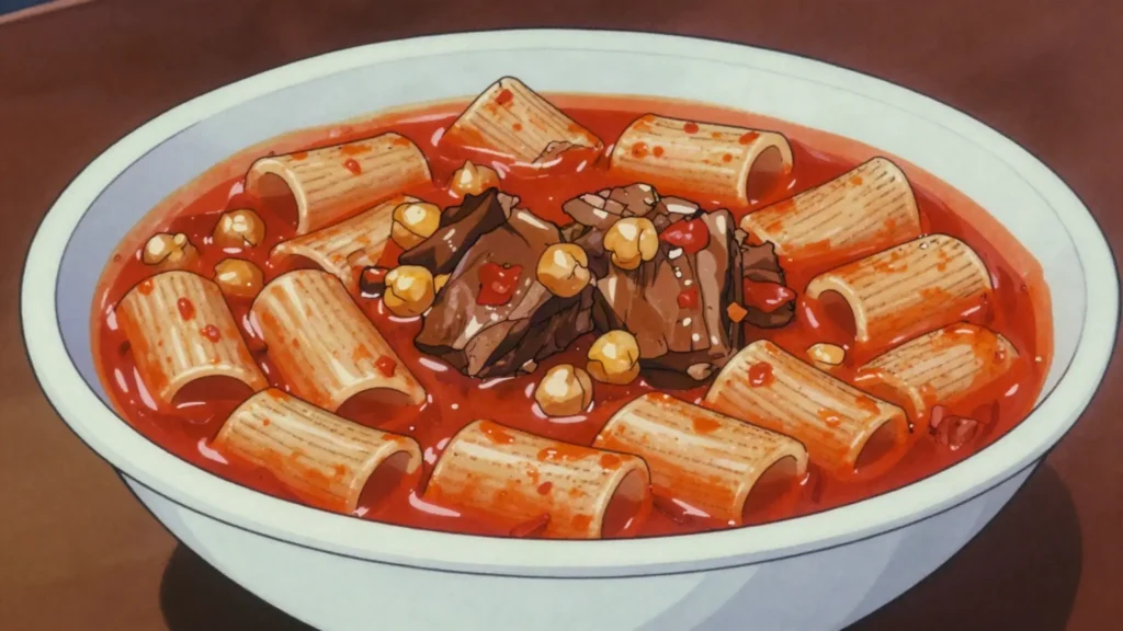 Mbakbaka, pasta cooked directly in a spicy chickpea and lamb tomato broth, Libya main, anime style