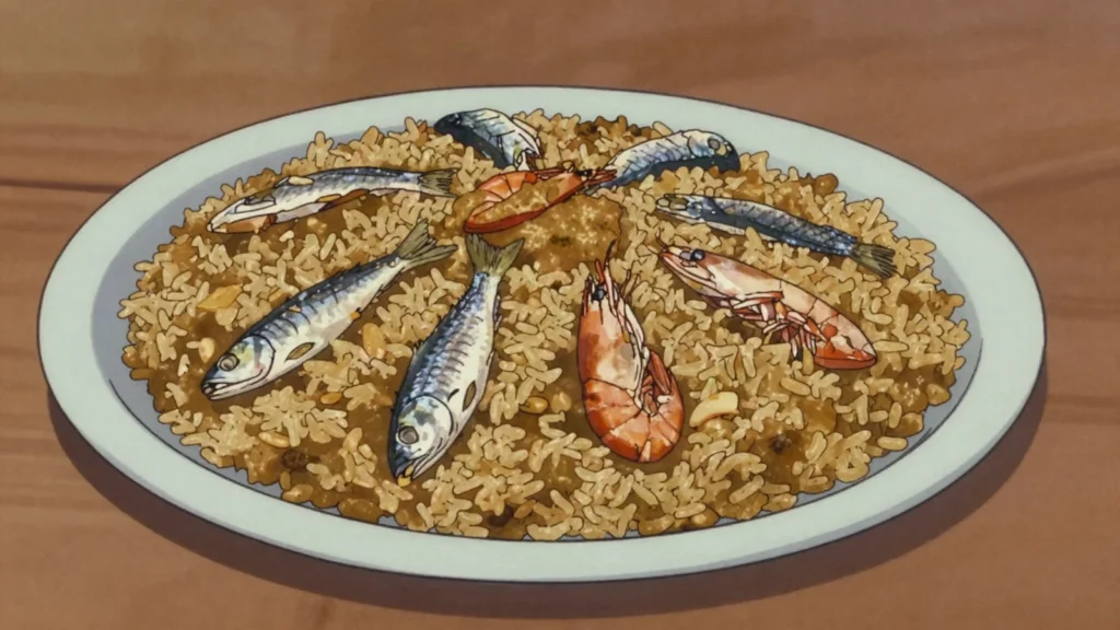 Mbakhalou Saloum, rice cooked with peanut paste, dried fish and nététou from the Saloum, Senegal main, anime style