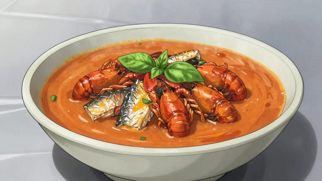Mbanga soup, palm-fruit soup with smoked fish and country spices, eaten with kwacoco, Cameroon soup & stew, anime style