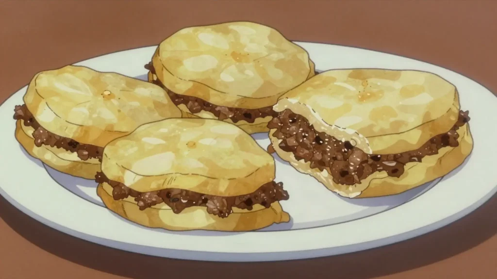 Mbattan, potato slices sandwiching spiced minced meat, battered and fried, Libya street food, anime style