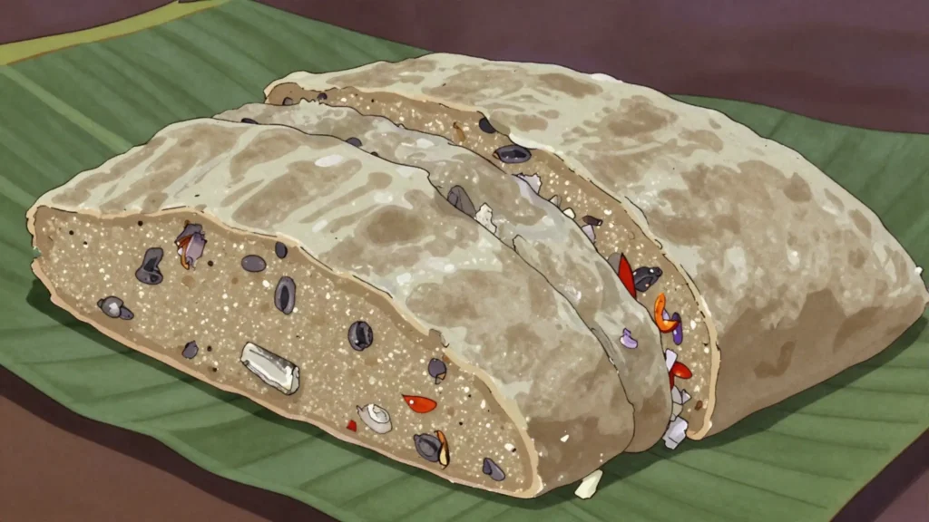 Mbika, ground squash-seed patties with fish, steamed in leaves, DR Congo main, anime style