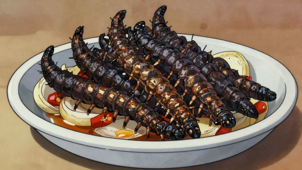 Mbinzo, dried caterpillars fried with chili and onion, protein-rich delicacy, DR Congo snack, anime style
