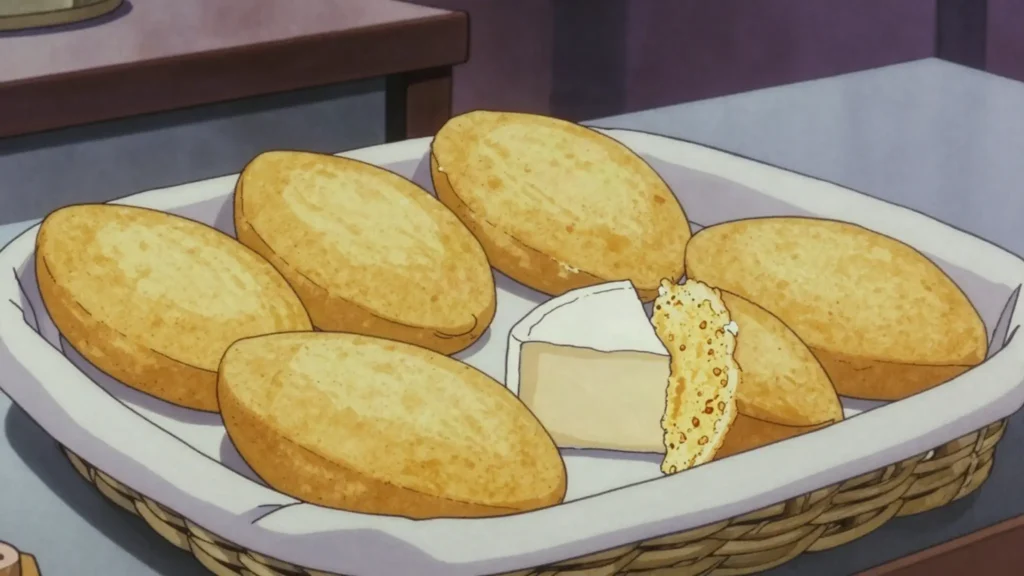 Mchadi, crisp cornbread rounds eaten with lobio and cheese, Georgia bread & pastry, anime style