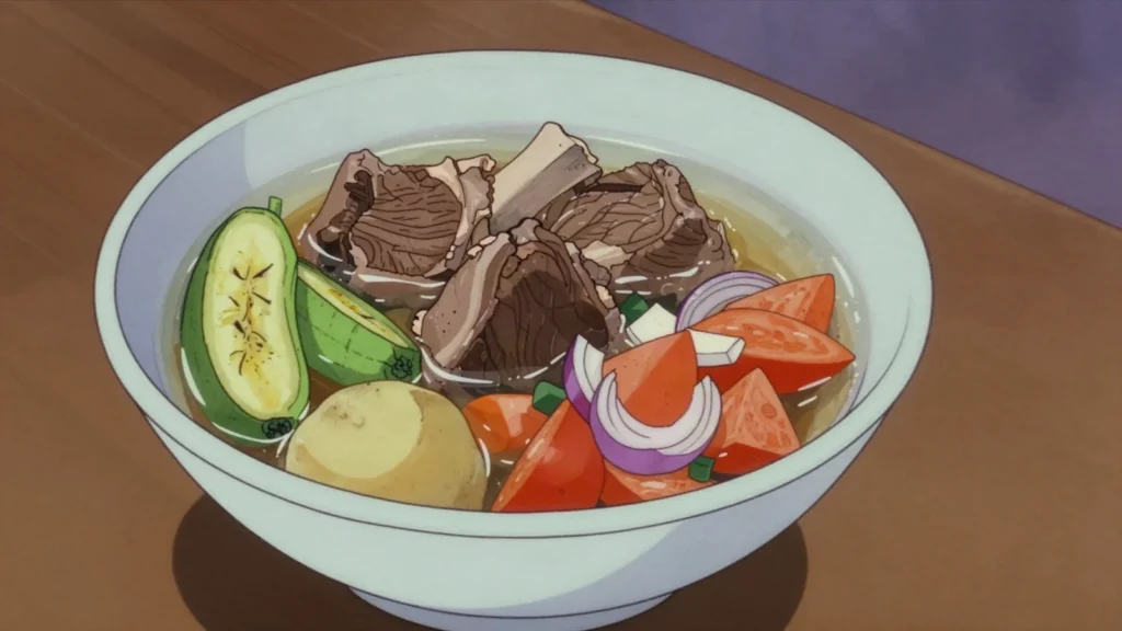 Mchemsho, northern one-pot boil of meat, bananas, potatoes and vegetables, Tanzania soup & stew, anime style