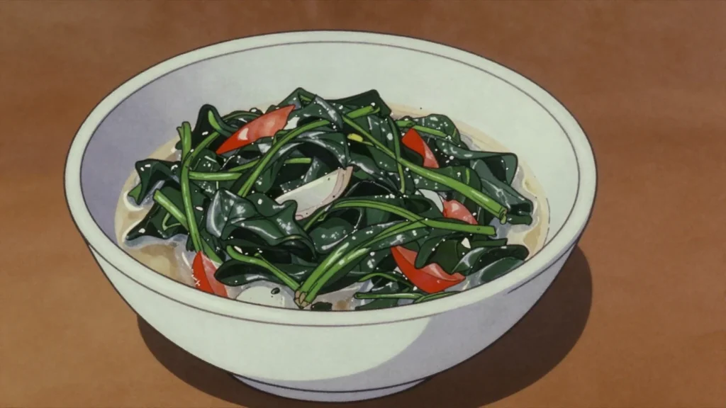 Mchicha, amaranth leaves stewed with tomato, onion and often coconut milk, Tanzania salad & side, anime style