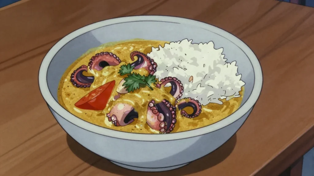 Mchuzi wa pweza, zanzibari octopus curry in creamy coconut milk, Tanzania main, anime style