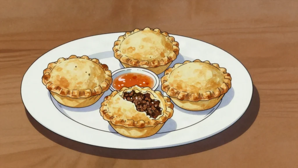 Meat pie, small pastry cups filled with seasoned minced beef and gravy, Belize street food, anime style