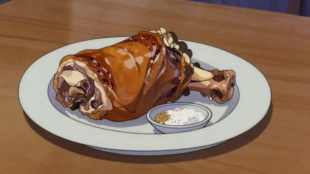 Mechoui, whole lamb roasted over desert coals, carved by hand for guests, Mauritania main, anime style