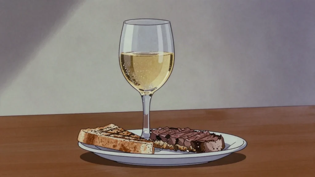 Medio y medio, half sparkling wine, half white wine; port market pour, Uruguay cocktail, anime style