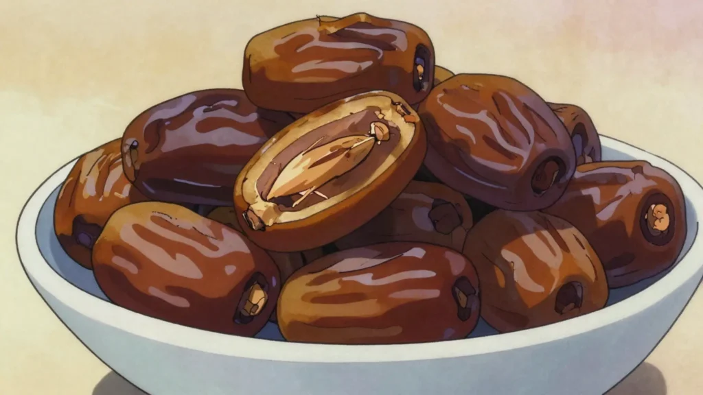 Medjool dates, large soft caramel-sweet dates grown in the Jordan Valley, Jordan snack, anime style