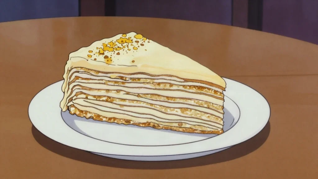 Medovik, many thin honey layers with sour-cream frosting, Russia dessert, anime style