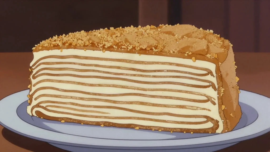Medovník, layered honey cake with sour cream filling, soft and spiced, Czechia dessert, anime style