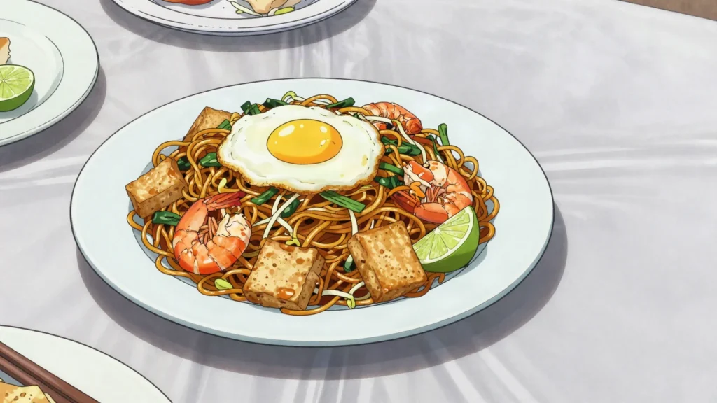 Mee Goreng, fried yellow noodles with soy, egg and vegetables, Brunei main, anime style