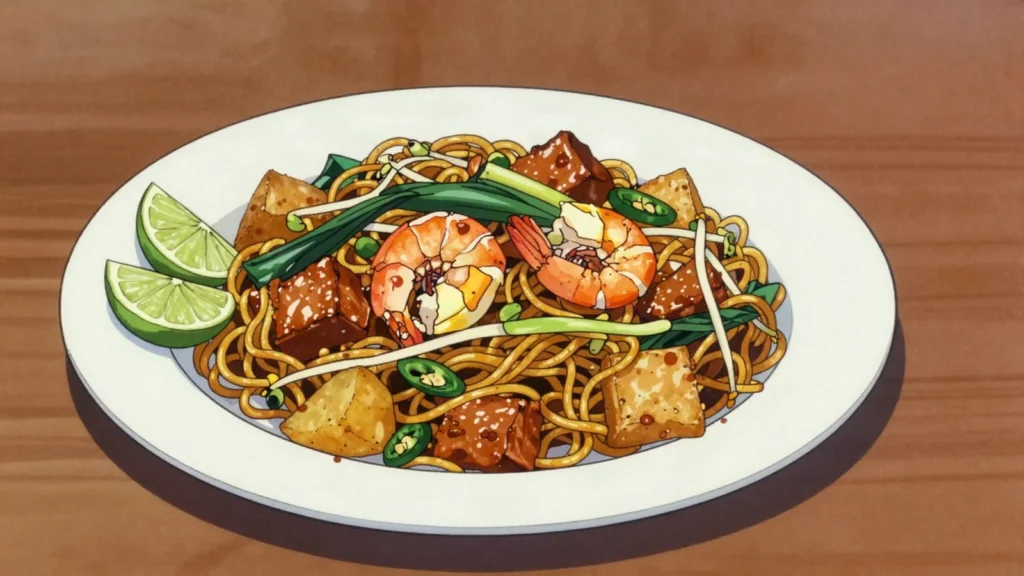 Mee Goreng Mamak, indian-Muslim fried yellow noodles, sweet-spicy with tofu and potato, Malaysia main, anime style