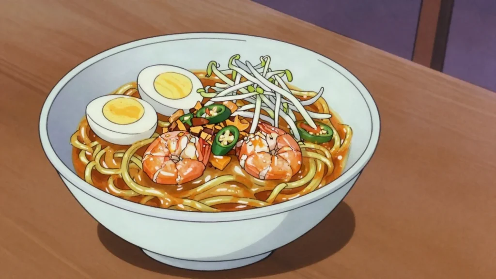 Mee Rebus, yellow noodles in thick sweet potato and prawn gravy with egg and lime, Singapore main, anime style