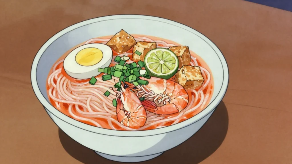 Mee Siam, thin rice noodles in a sweet-sour tamarind and fermented bean gravy, Singapore main, anime style