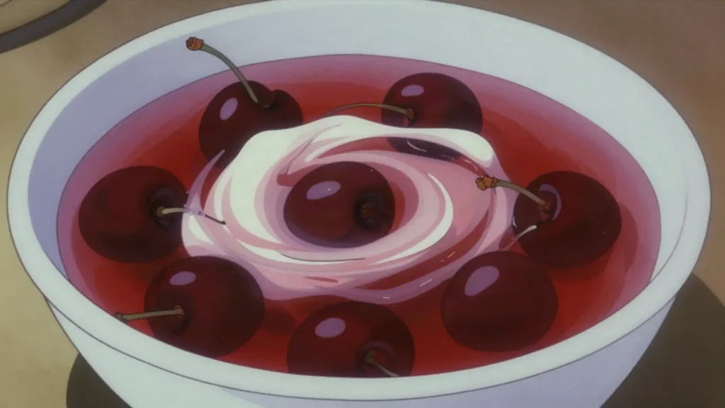 Meggyleves, chilled sour-cherry soup with sour cream, served before the main course, Hungary soup & stew, anime style