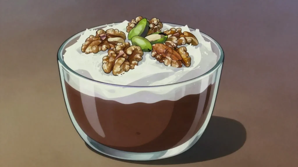 Meghli, spiced rice pudding with caraway and cinnamon, buried under nuts and coconut, Lebanon dessert, anime style