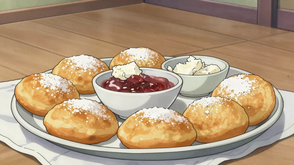 Mekitsi, fried dough rounds with powdered sugar, jam or sirene, Bulgaria breakfast, anime style