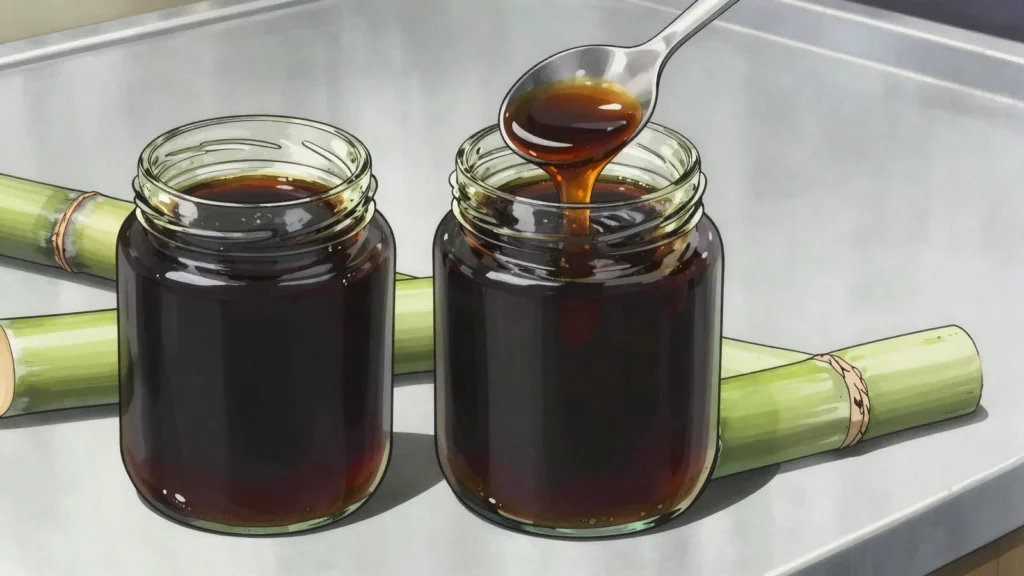 Mel de cana, thick dark sugarcane molasses poured over cuscuz or stirred into, Cape Verde sauce & condiment, anime style