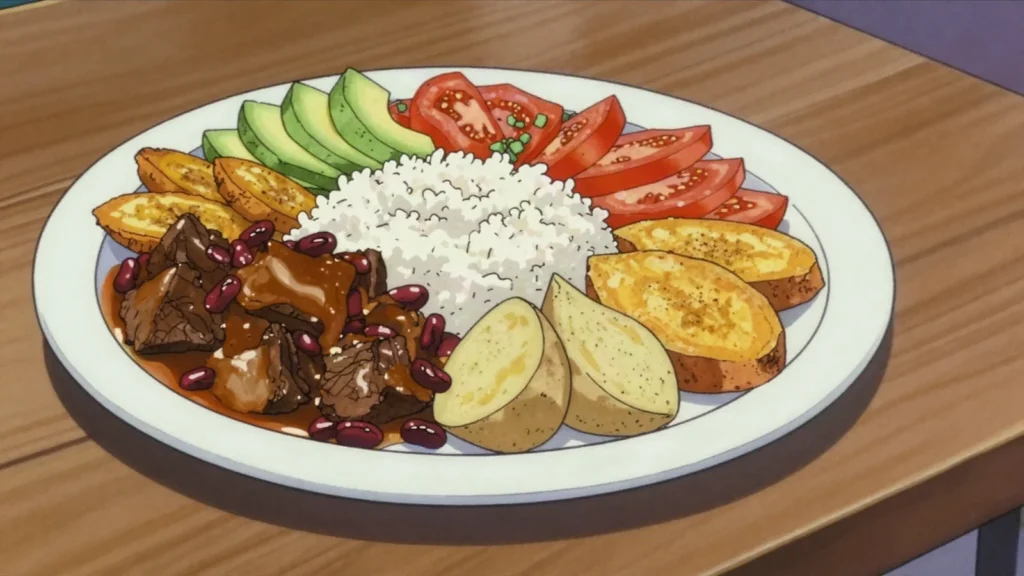 Melange, buffet plate piling rice, beans, cassava, plantain and stew together, Rwanda main, anime style