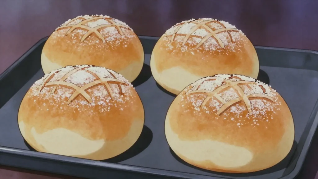 Melonpan, soft bun under a crisp cookie crust scored into a melon pattern, Japan bread & pastry, anime style