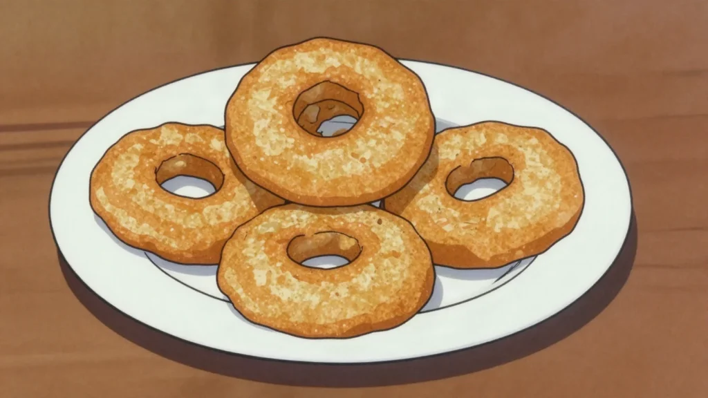 Menakely, ring-shaped fried rice-flour doughnuts, market staple, Madagascar snack, anime style
