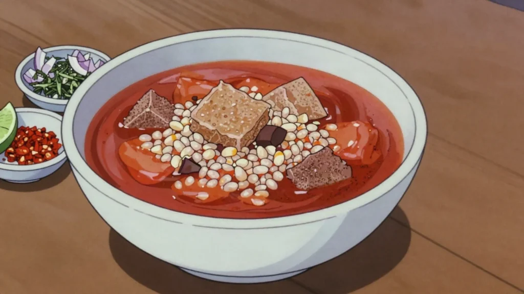 Menudo, tripe in red chile broth, famed weekend hangover cure, Mexico soup & stew, anime style
