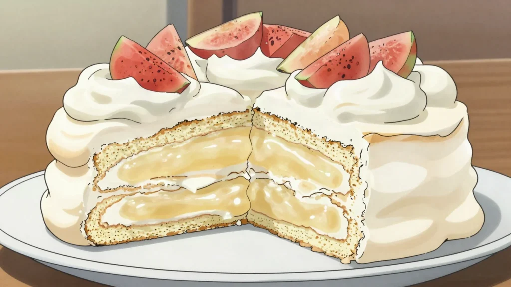 Merengón, baked meringue layered with cream and guanabana, strawberry or mango, Colombia dessert, anime style