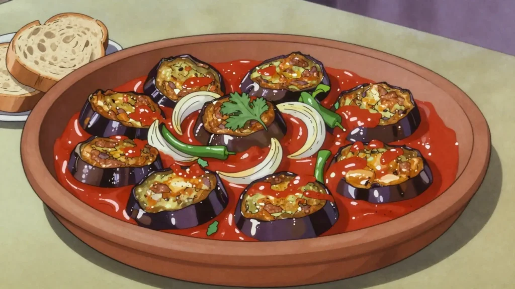 Mesaqa'a, fried eggplant baked in tomato sauce, with or without minced meat, Egypt main, anime style