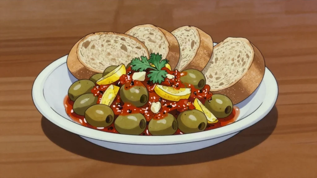 Meslalla, cooked olive salad with preserved lemon, garlic, paprika and coriander, Morocco salad & side, anime style