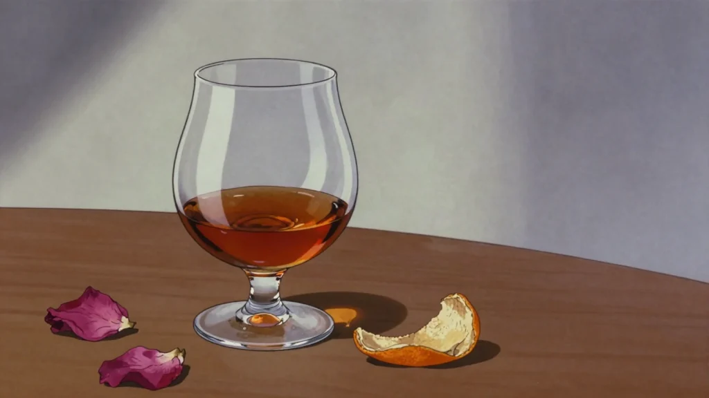 Metaxa, amber blend of brandy, aged wine and botanicals, drunk neat, Greece wine & spirit, anime style