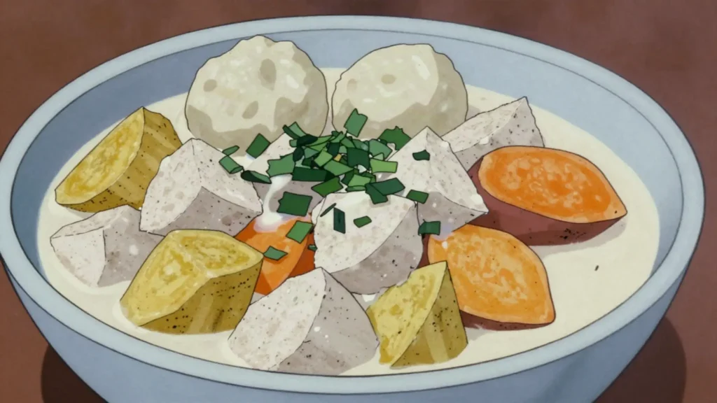 Metemgee, coconut broth of cassava, plantain and yam with duff dumplings, Guyana soup & stew, anime style