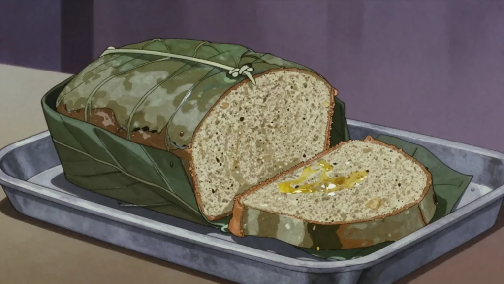 Mets de pistache, ground squash seeds steamed in leaf parcels into a dense savoury loaf, Gabon main, anime style