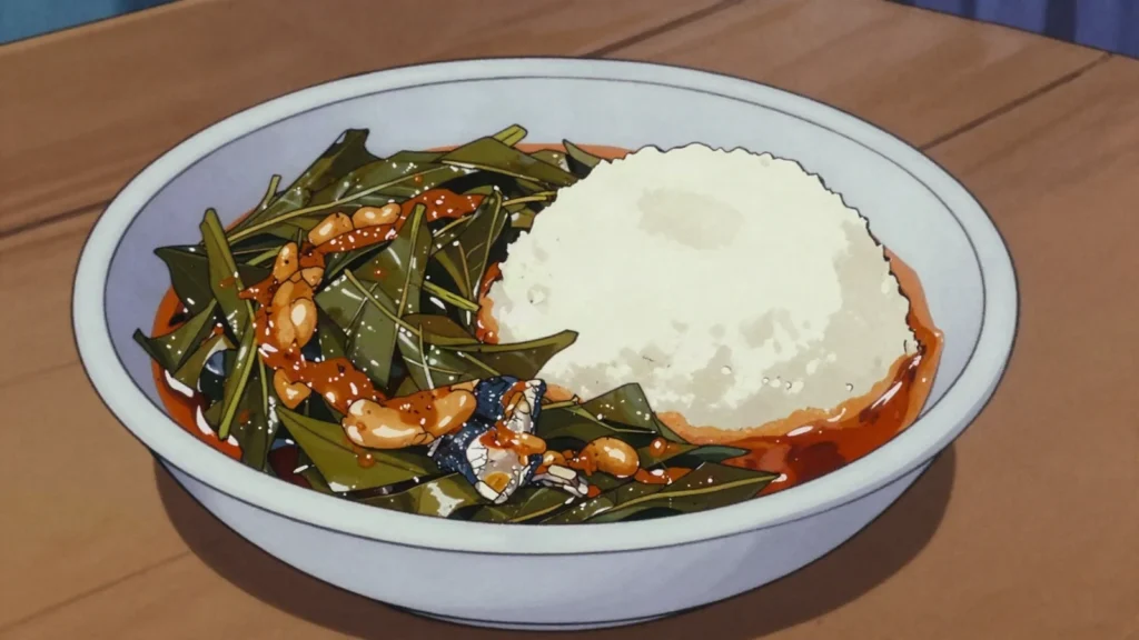 Mfumbwa, shredded wild gnetum leaves stewed with palm oil, peanut paste and, Republic of the Congo soup & stew, anime style