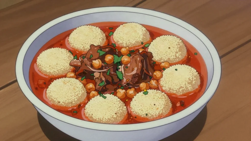 Mhamsa, large hand-rolled couscous grains simmered in a spicy lamb and chickpea broth, Tunisia main, anime style