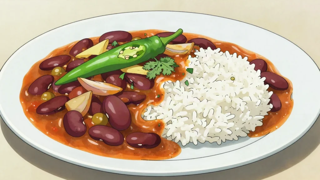 Mharagué ya nadzi, red beans stewed slowly in coconut milk, served with rice, Comoros salad & side, anime style