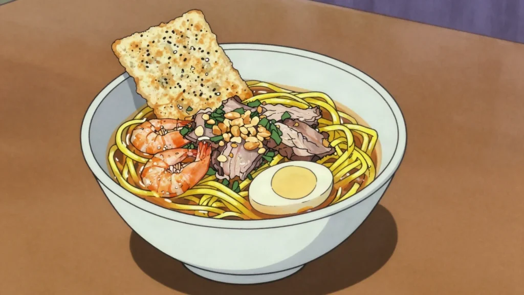Mi Quang, turmeric noodles with shrimp, pork, peanuts and rice crackers, Vietnam main, anime style