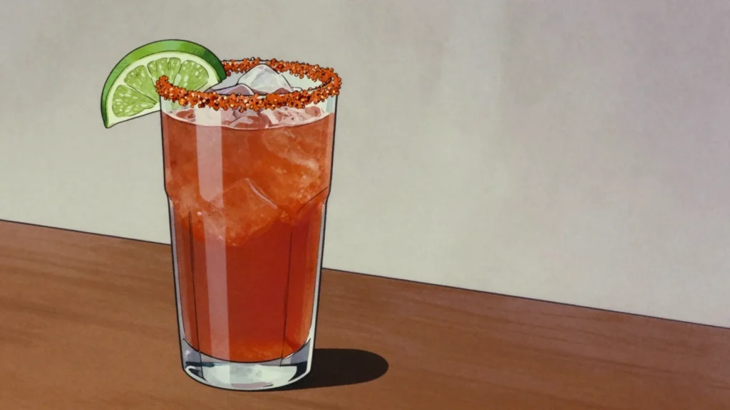 Michelada, cold beer built with lime, salt, chili sauce and a rimmed glass, Mexico cocktail, anime style